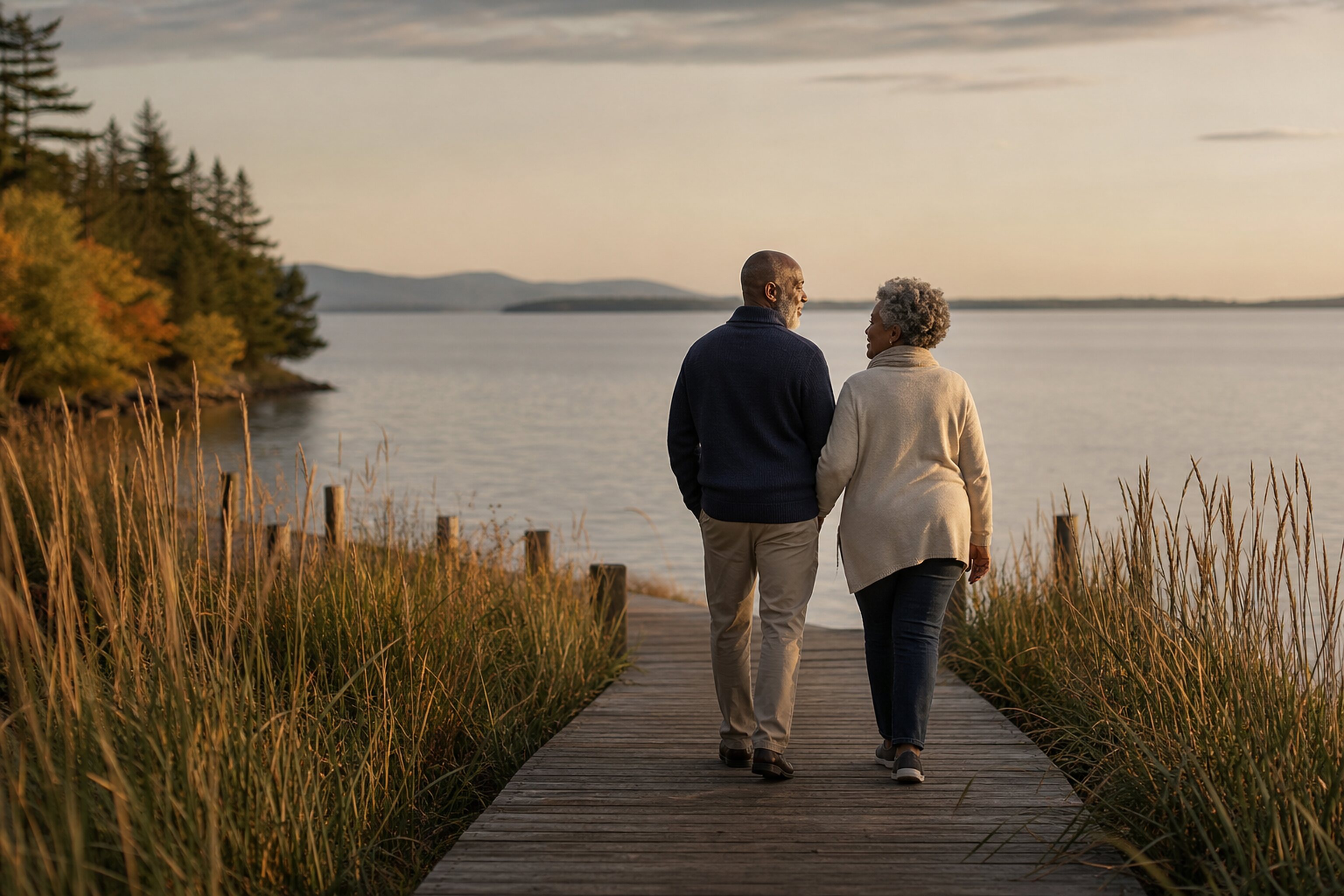 A couple walking a lakeside boardwalk together in warm autumn evening light.
